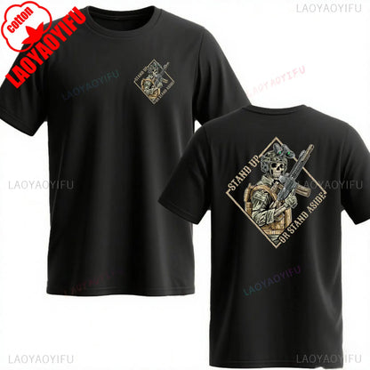 Stand Up or Stand Aside Military Tactical Warrior Skeleton Shirt T-Shirt Gym Military Shirt Graphic T Shirts Cotton Men Clothing