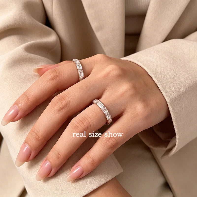 D Vvs1 3*5mm Emerald Cut Moissanite Rings for Women Full Eternity Bands Wedding Bridal Jewelry Pure S925 Silver Gift