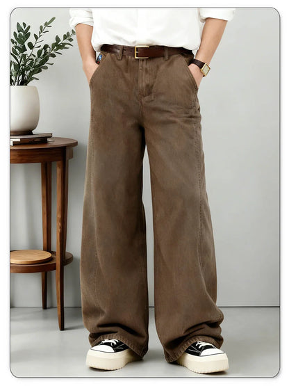 American Men's Retro Brown Ultra Baggy Wide Leg Jeans Street Casual Embroidery Oversized Men's Clothes Unisex Denim Pants