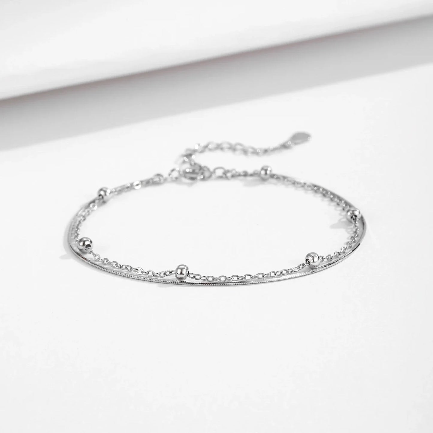 Double Layer Snake Chain Bracelet 925 Sterling Silver Simple Beads Link Chain Bracelet For Women Daily OL Fine Jewelry