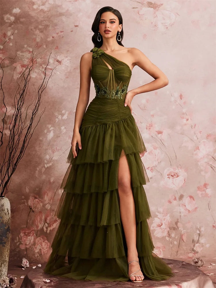Vestido de Luxo com Aplique em Espinha de Peixe e Ombro Assimétrico Vestido de Festa Elegante em Tule com Fenda Vestidos de Noite Formais Elegantes Vestido de Festa sem Costas para Baile de Formatura