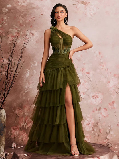 Vestido de Luxo com Aplique em Espinha de Peixe e Ombro Assimétrico Vestido de Festa Elegante em Tule com Fenda Vestidos de Noite Formais Elegantes Vestido de Festa sem Costas para Baile de Formatura