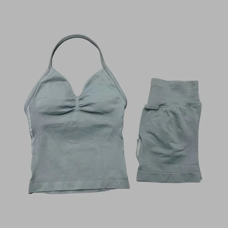 2 Piece Sports Set Women Seamless Yoga Tank With Removable Pads Top Scrunch Butt Workout Leggings Suit Gym Sports Sets