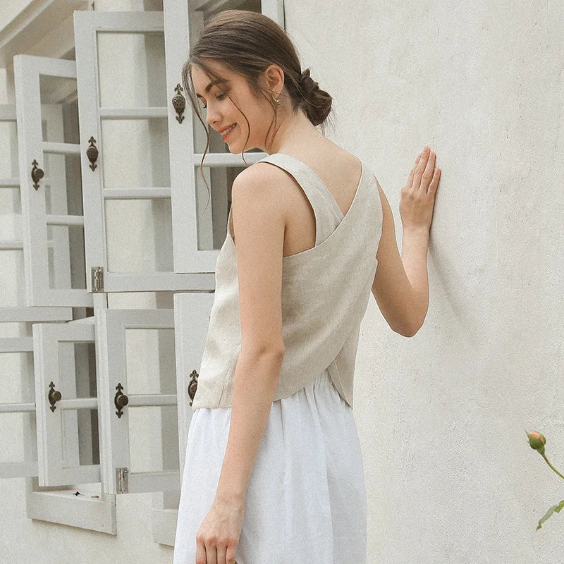 100% Linen Top Women Casual Solid Back Cross Patchwork Tank Top Summer Tops Haut Femme Women'S Clothing Offer Free Shipping