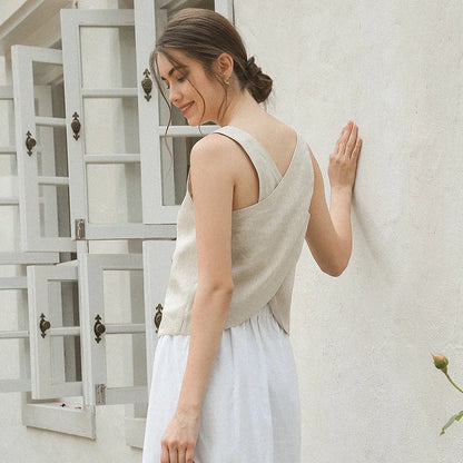 100% Linen Top Women Casual Solid Back Cross Patchwork Tank Top Summer Tops Haut Femme Women'S Clothing Offer Free Shipping