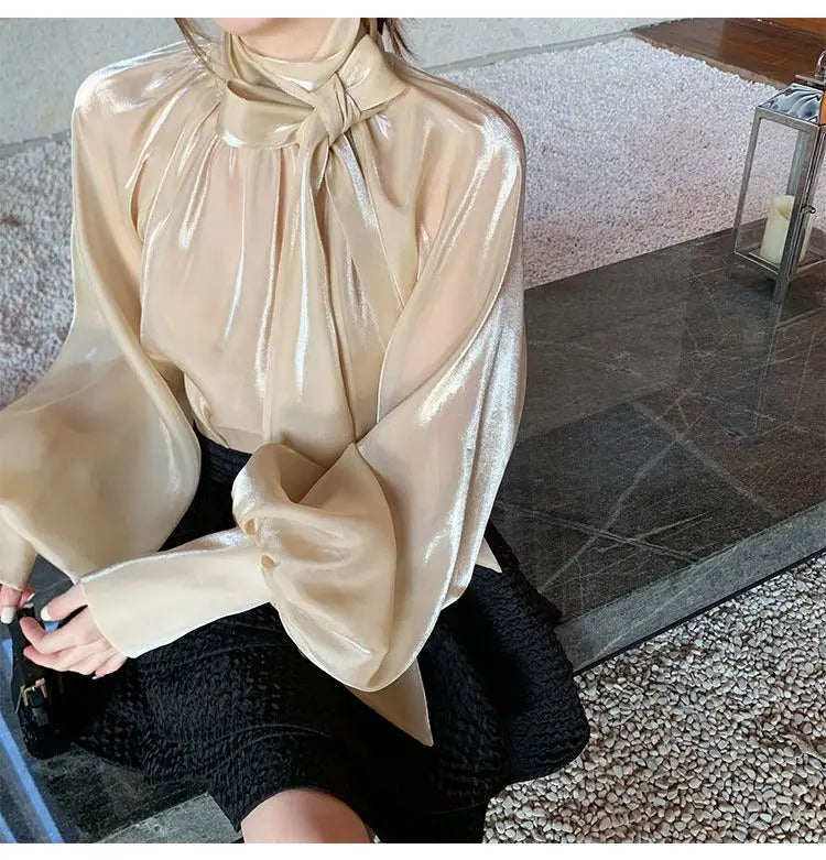 Spring Autumn Women Fashion Tops New Shirts Lantern Sleeve Stand Collar Solid Casual Vintage Elegant Temperament Long-Sleeved