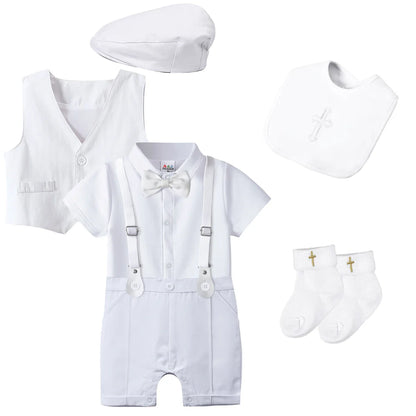 Baby Boys Baptism Outfit Infant Wedding Gentleman Set Christening Formal Birthday Party Suit Suspender Bow Tie Romper