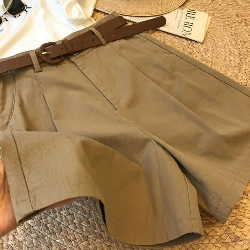 Summer new wide leg shorts Thin cotton A-frame shorts Office ladies classic loose casual zipper shorts for women