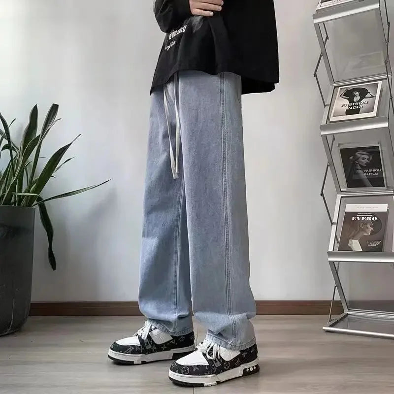 Loose Fit High Waist Elastic Waistband Summer Thin Denim Jeans Women Straight Leg Nine-Tenths Length Trendy American Street Styl
