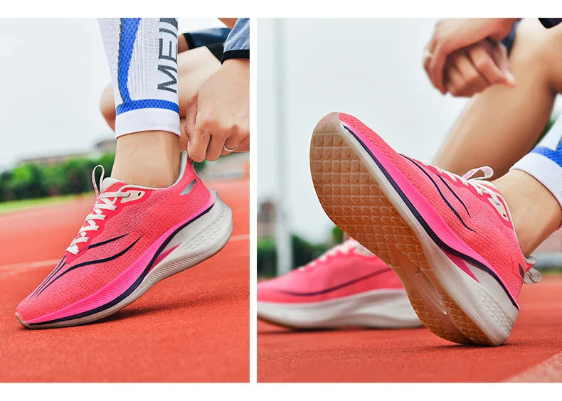 Sapatos de corrida esportivos casuais masculinos e femininos de moda com superfície de malha respirável, suporte de placa de carbono e sola de borracha resistente ao desgaste