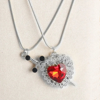 2pcs Can Be Assembled Heart and Sword Zircon Pendant Necklace for Women Men Couple Silver Gold Plated Choker Chain Jewelry