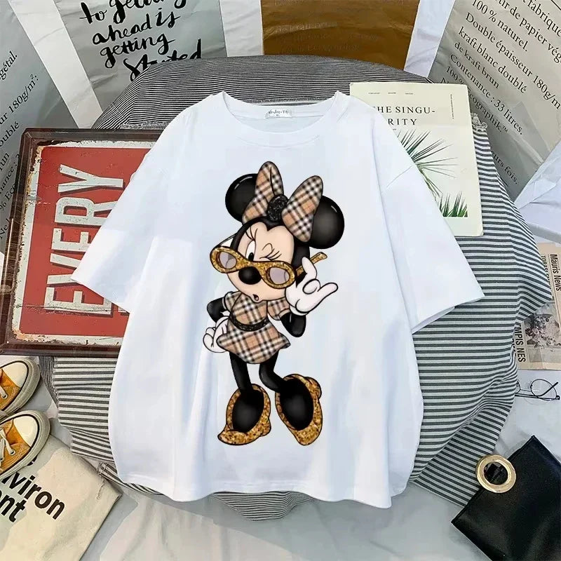 New Minnie Kawaii Fun Women's Printed T-shirt Fashion Summer Cartoon Minnie Top Y2K Women's Extra Large Cotton T-shirt