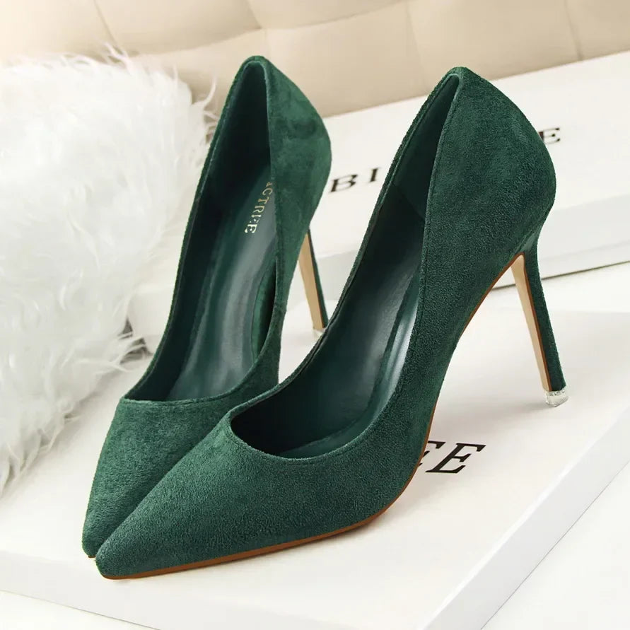 Women Elegant Flock Orange Purple Evening Banquet Party Pumps Lady Classic Scarpin New Burgundy 9cm High Heels Shoes Plus Size