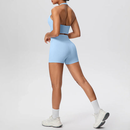 2picese Women Yoga Suit Solid Color High Waist Hip Push Up Fitness Shorts Sexy Pilates Backless Gym Hanging Neck Bra Yoga Set