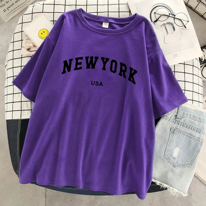 New York Usa City Letter Graphic Tshirt Women Cotton Sport Tops Summer Fashion Tee Shirt Street Casual Oversized Short Sleeve