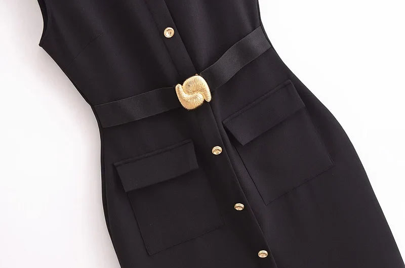 Womens Dresses Black Office Long Dresses for Women Spring Sleeveless Midi Dress Woman Belt Button Women's Dress Vest
