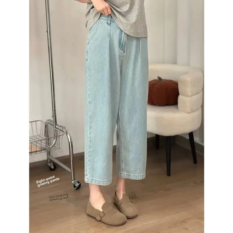Fashionable Vintage Wide-Leg Jeans For Women New Summer 2024 Slimming Design Sensible Banana Harem Pants Denim Cotton Material