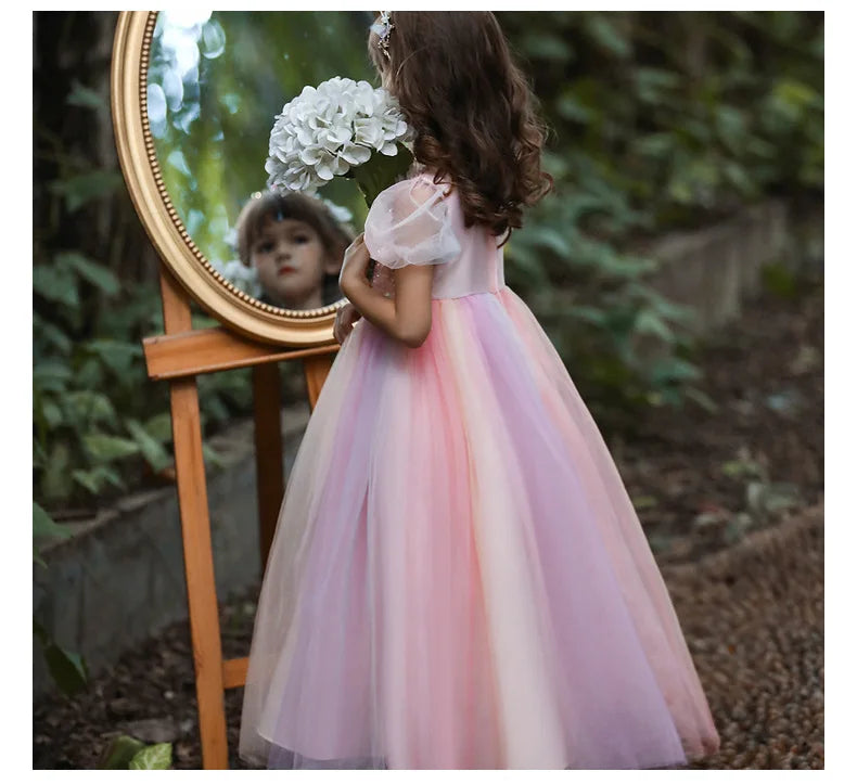 Girls Dress Color Mesh Dress Long Sequin Children's Skirt Girls Piano Host Costumes#323