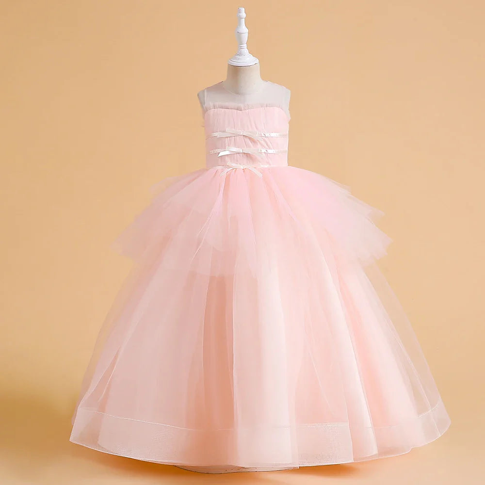Vestidos de Festa de Daminha Batismo de Verão Meninas Elegante Tule Vestido de Noiva Formatura Menina Laço Princesa Vestido de Aniversário Fantasia de Natal