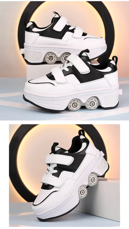 Children Wheels Shoes Roller Sneakers With 4 Wheels Skates Adult Runaway Parkour Deformation Shoes For Women Men Youth Kids Gift