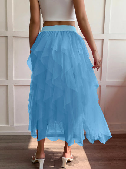 Medium waist chiffon long skirt for women, irregular layered pleated edge layered cake skirt, elegant fairy A-line skirt