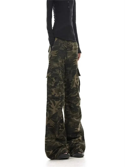 American retro washed design camouflage work pants for men and women, loose straight leg multi pocket wide leg casual paratroope