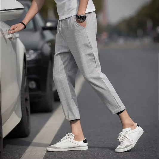 High Quality Plaid Stripe Ankle Length Pants Men Business Long Length Pant Straight Korea Grey Black Suit Formal Trousers Male