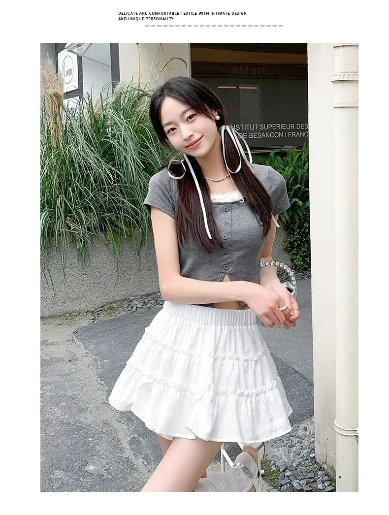Elegant pink mini dress new summer thin style French ballet design cake skirt lace edge WOMEN'S JK skirt