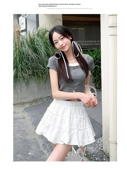 Elegant pink mini dress new summer thin style French ballet design cake skirt lace edge WOMEN'S JK skirt