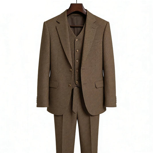 Brown Tweed Sharkskin Men's Formal Suit 3-Piece Smoking Jacket Vest Trousers Business Wedding Grooming