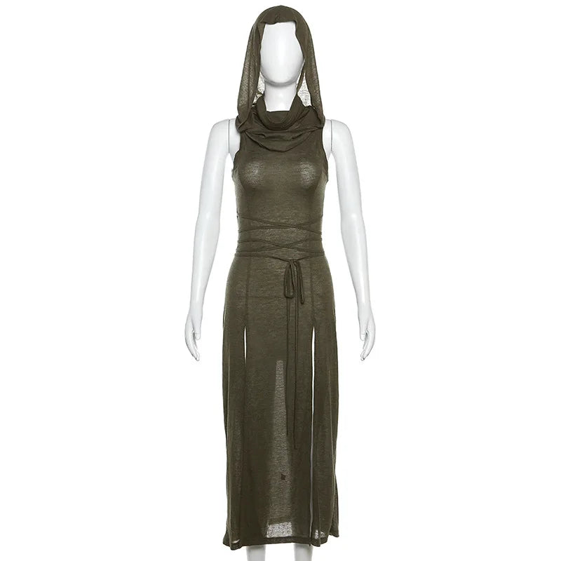 European And American Style Sleeveless Hooded Dress Long Split Hollow out Pure Color Women's Gown