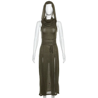 European And American Style Sleeveless Hooded Dress Long Split Hollow out Pure Color Women's Gown