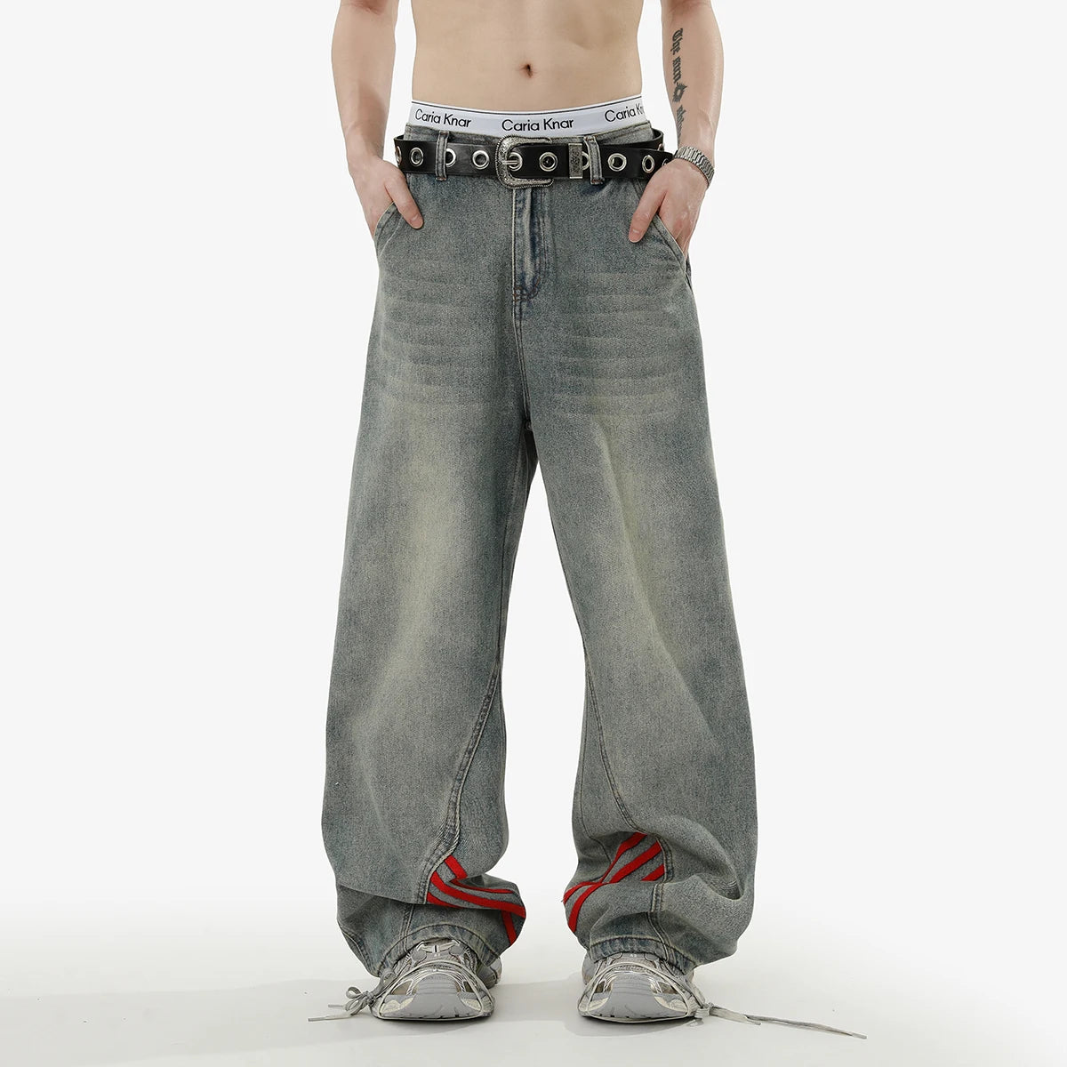 American retro baggy wide leg jeans for men and women  loose casual striped washed long pants