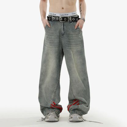 American retro baggy wide leg jeans for men and women  loose casual striped washed long pants