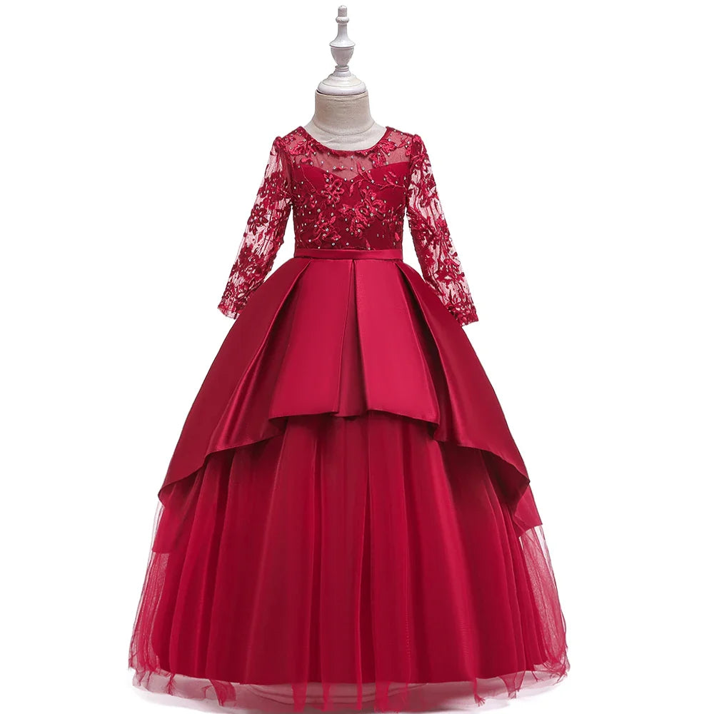 Teens Sequin Bridesmaid Girls Party Dress Long Sleeve First Communion Gown Wedding Party Princess Dresses Bow Christmas Costumes