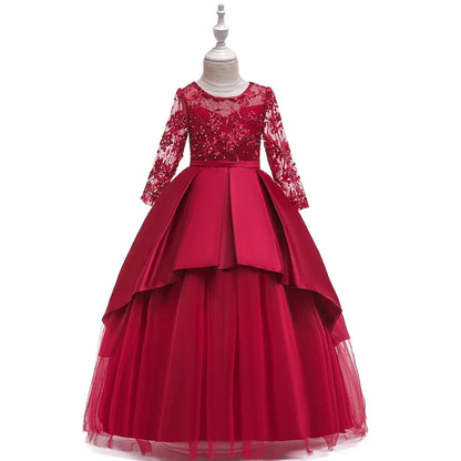 Teens Sequin Bridesmaid Girls Party Dress Long Sleeve First Communion Gown Wedding Party Princess Dresses Bow Christmas Costumes