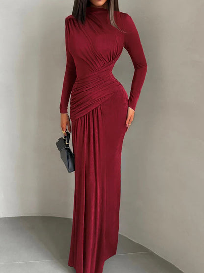Maxi Dress Women o-Neck Full Sleeve Solid Banquet Elegant Vacation Fashion Autumn Skinny Casual Simple Vestido