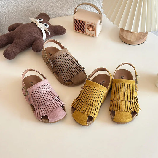 Summer Peep Toe Tassel Children Shoes Girls Sandals Soft Bottom Flat Heel Buckle Girl's Shoes Back Strape Slingbacks Shoe I05285
