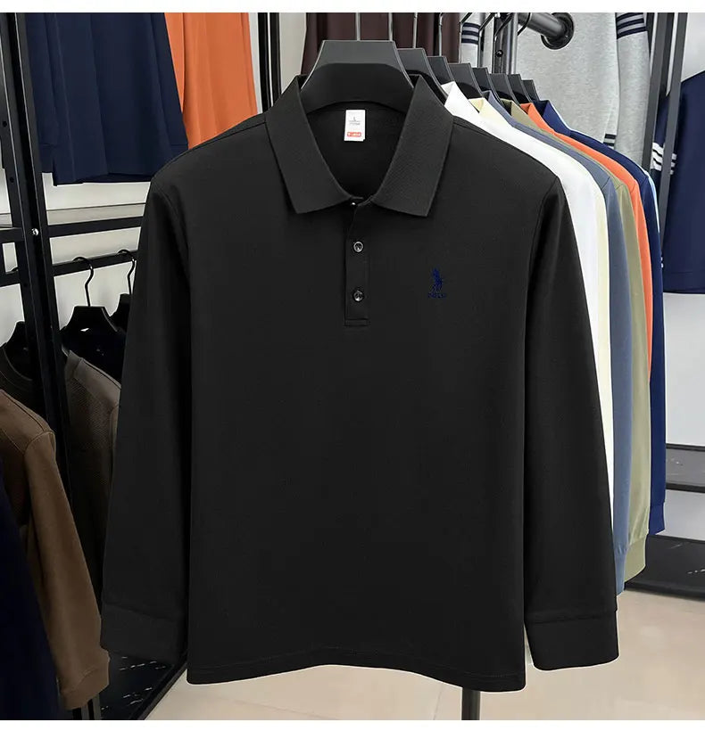 2025 autumn men's long sleeved T-shirt with a solid color polo shirt and a loose casual plus size base shirt