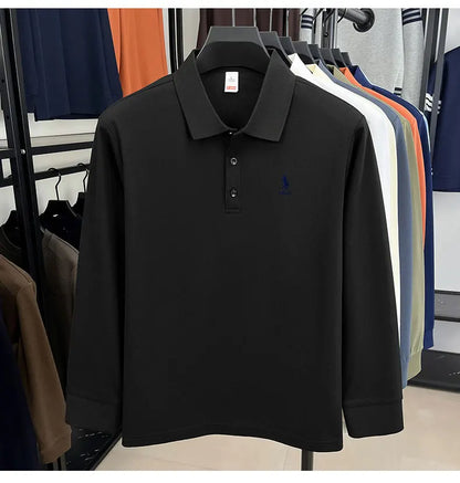 2025 autumn men's long sleeved T-shirt with a solid color polo shirt and a loose casual plus size base shirt