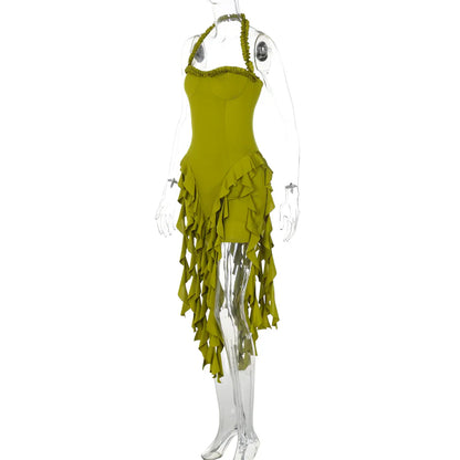 Elegant Halter Solid Ruffles Backless Taseel Sexy Slim Mini Dress Spring Women Cute Outfits Birthday Party Vacation