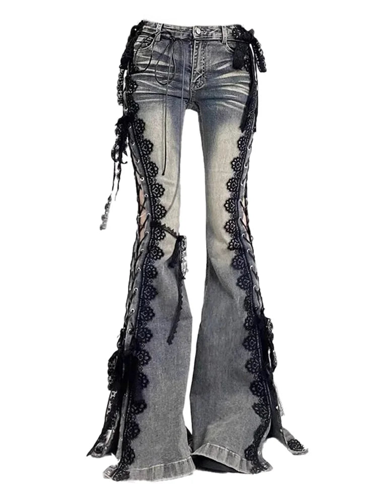 Women Dark Academia Goblin Core Harajuku Y2K Low Rise Lace Jeans Abi Denim Flare Pants Bell-Bottom Y2k Japanese Goth Gyaru Kpop