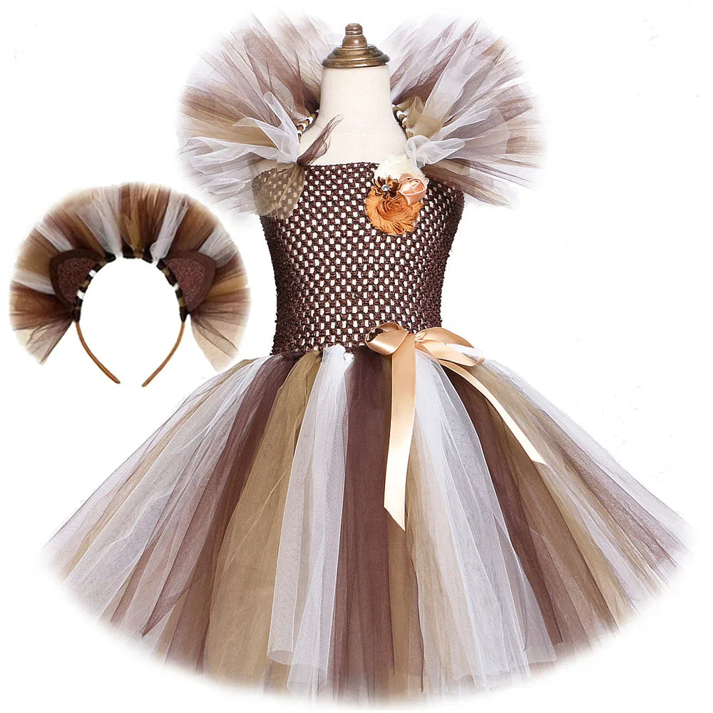 Brown Jungle Lion Costume for Baby Girls Animal Party Fancy Tutu Dress for Kids Halloween Christmas Tulles Outfit with Hairs Bow