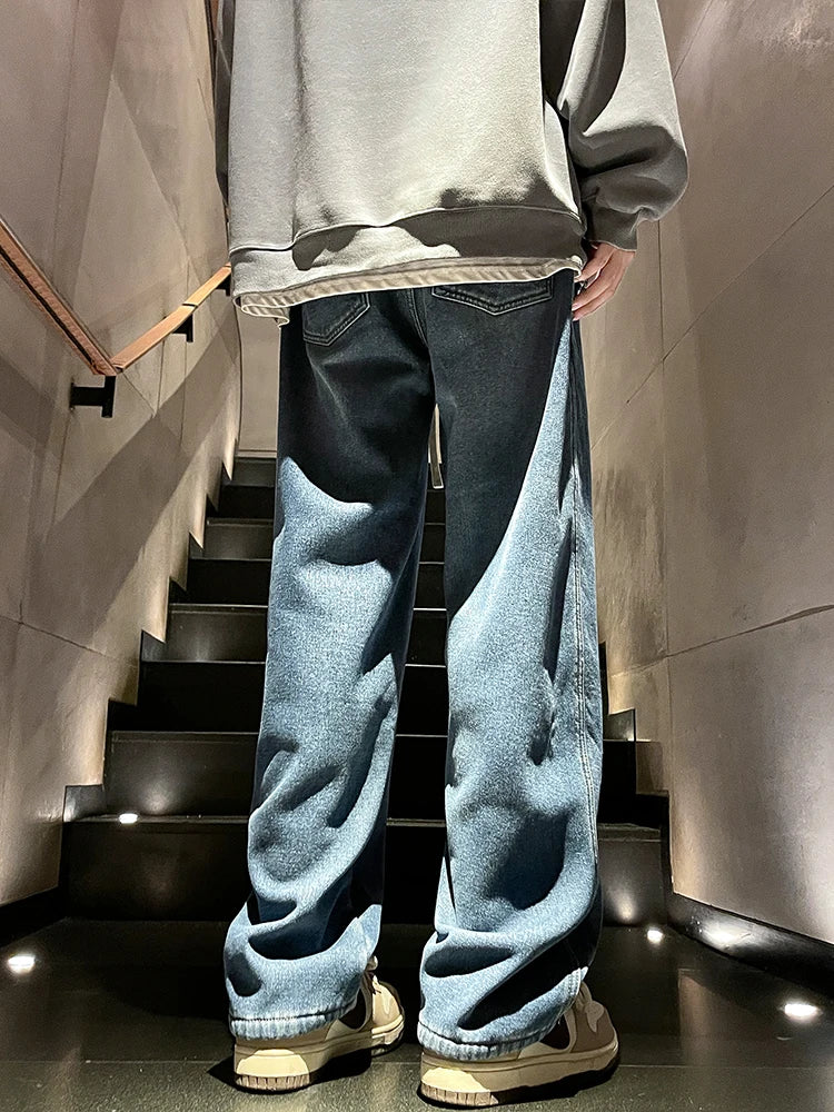 Calça Jeans Masculina de Inverno Coreana Forrada com Lã Grossa Quente Reta Denim Lavado Algodão Azul Retrô Larga Pantalona