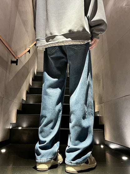 Calça Jeans Masculina de Inverno Coreana Forrada com Lã Grossa Quente Reta Denim Lavado Algodão Azul Retrô Larga Pantalona