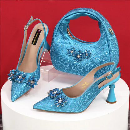 Newest Italian Pumps and Bag To Party INS Style Pointed-Toe Rhinestone Elegant High Heels Champagne Wedge for Women