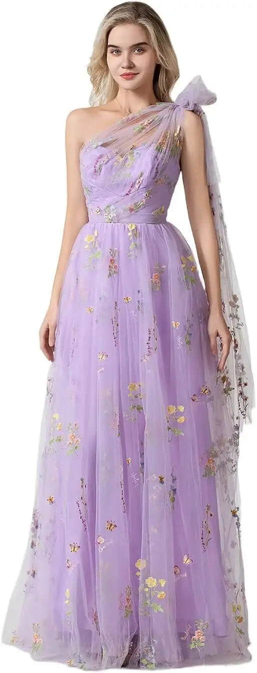 Vestido Longo de Formatura Feminino Elegante de Um Ombro Só com Bordado Floral em Tule, Modelo Godê para Festas de Gala