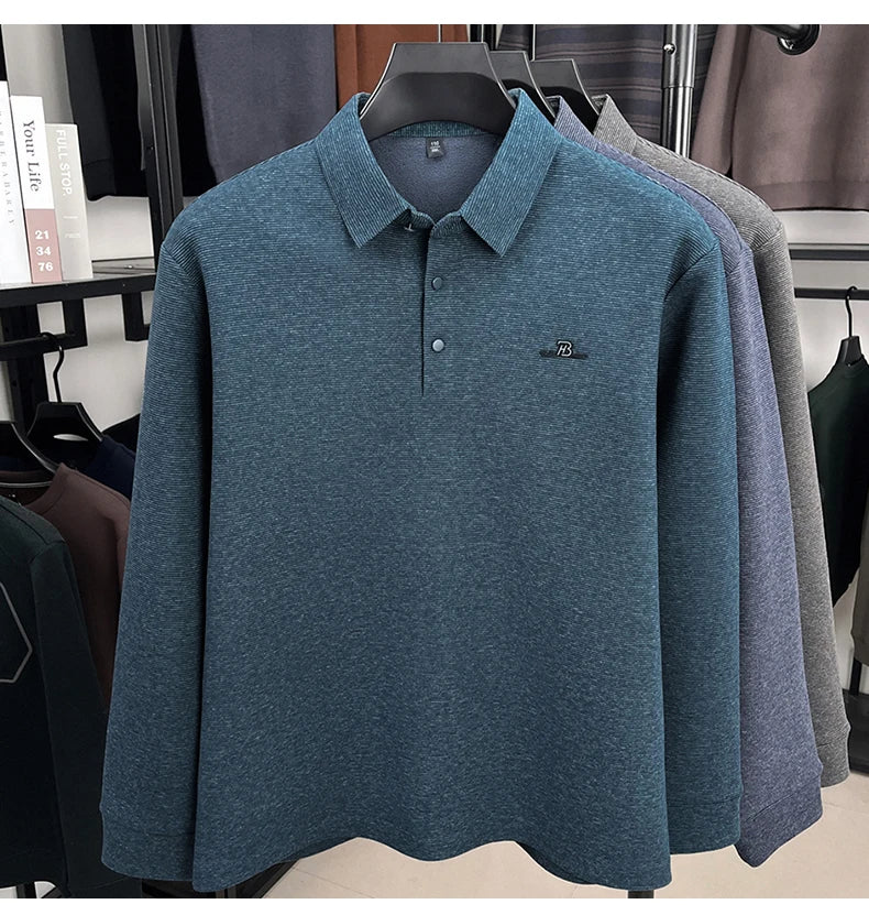 Fashion brand men's long sleeve polo shirt soft plush warm comfort new letter embossed solid color business casual lapel T-shirt