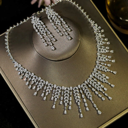 New CZ Design African Bridal Jewelry Set Fashion Leaf Shape Fringe Zircon Necklace 2-piece Set Women's Wedding Party Accessories