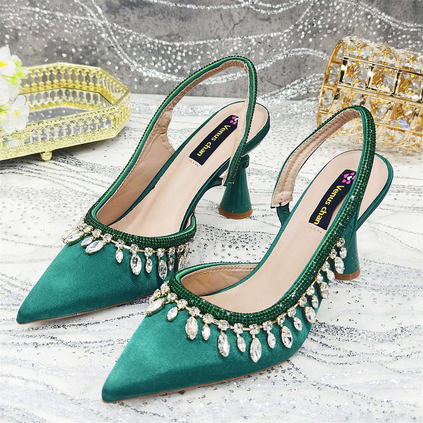 Pointed-Toe High Women Heels Shoes and Bags for Women Rhinestone Evening Party Elegant Luxury Handbag
